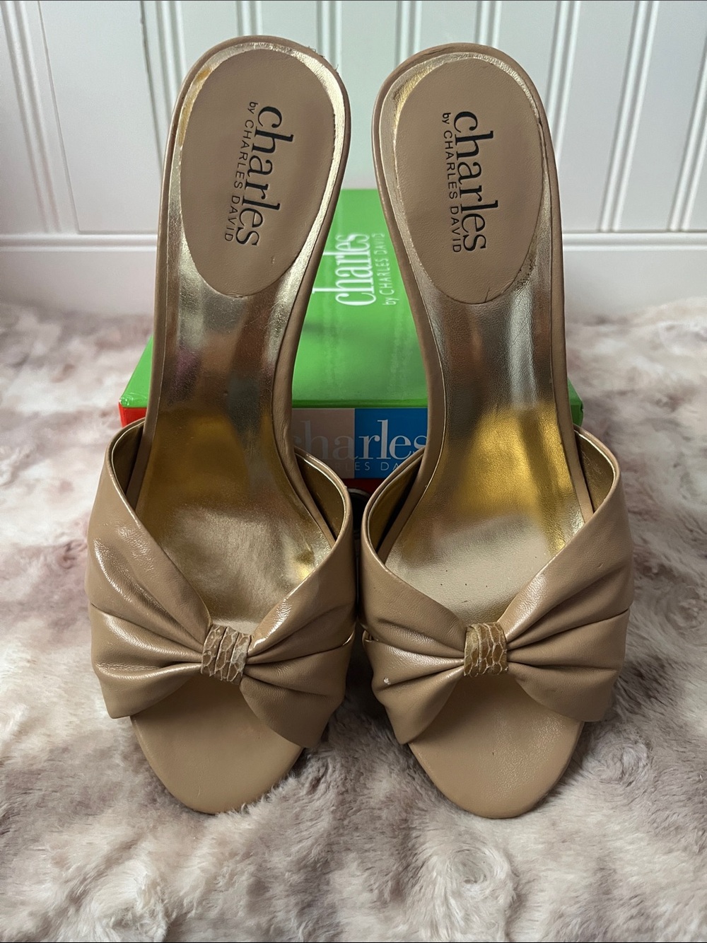 Charles By Charles David Taupe Bow Slip-On Mules, Twisted Camel